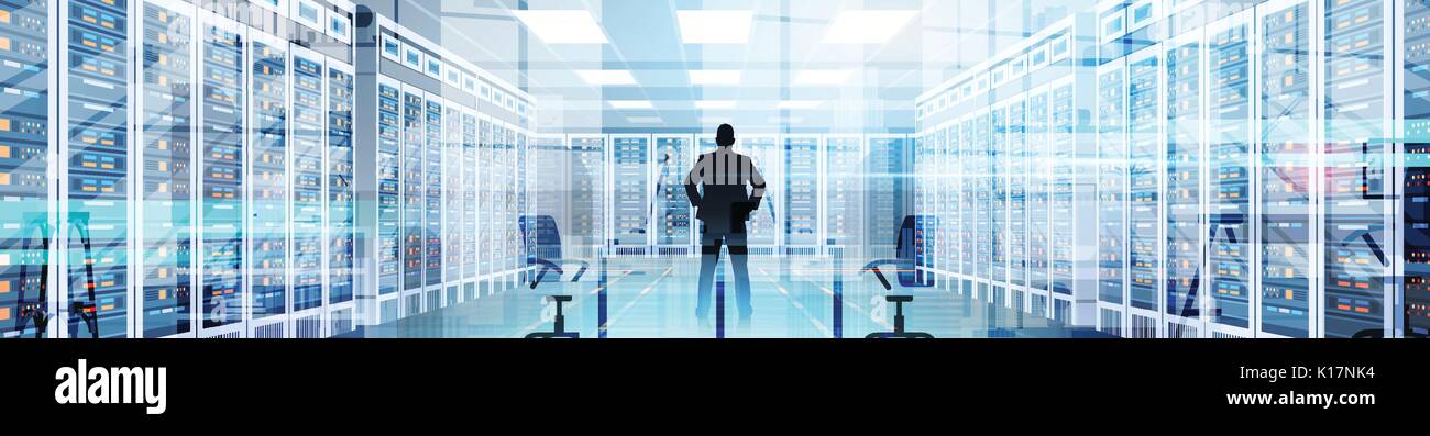 Silhouette Man In Data Center Room Hosting Server Computer Information Database Stock Vector
