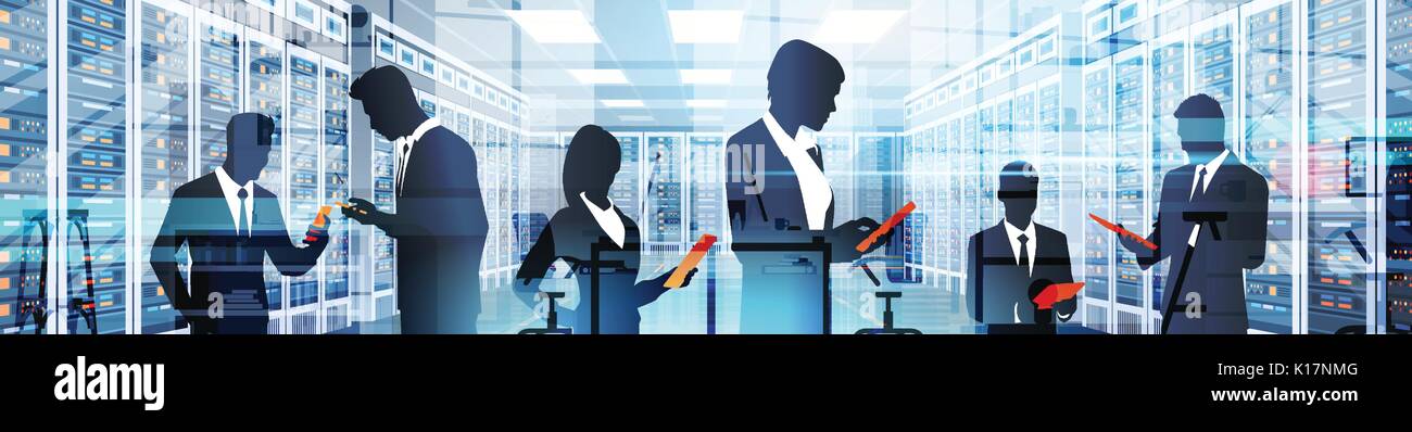 Silhouette People Working In Data Center Room Hosting Server Computer Information Database Stock Vector