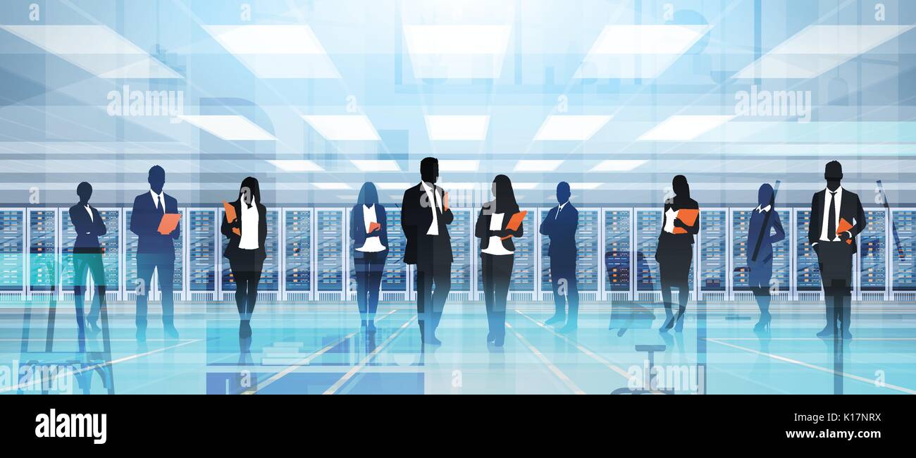 Silhouette People Working In Data Center Room Hosting Server Computer Information Database Stock Vector