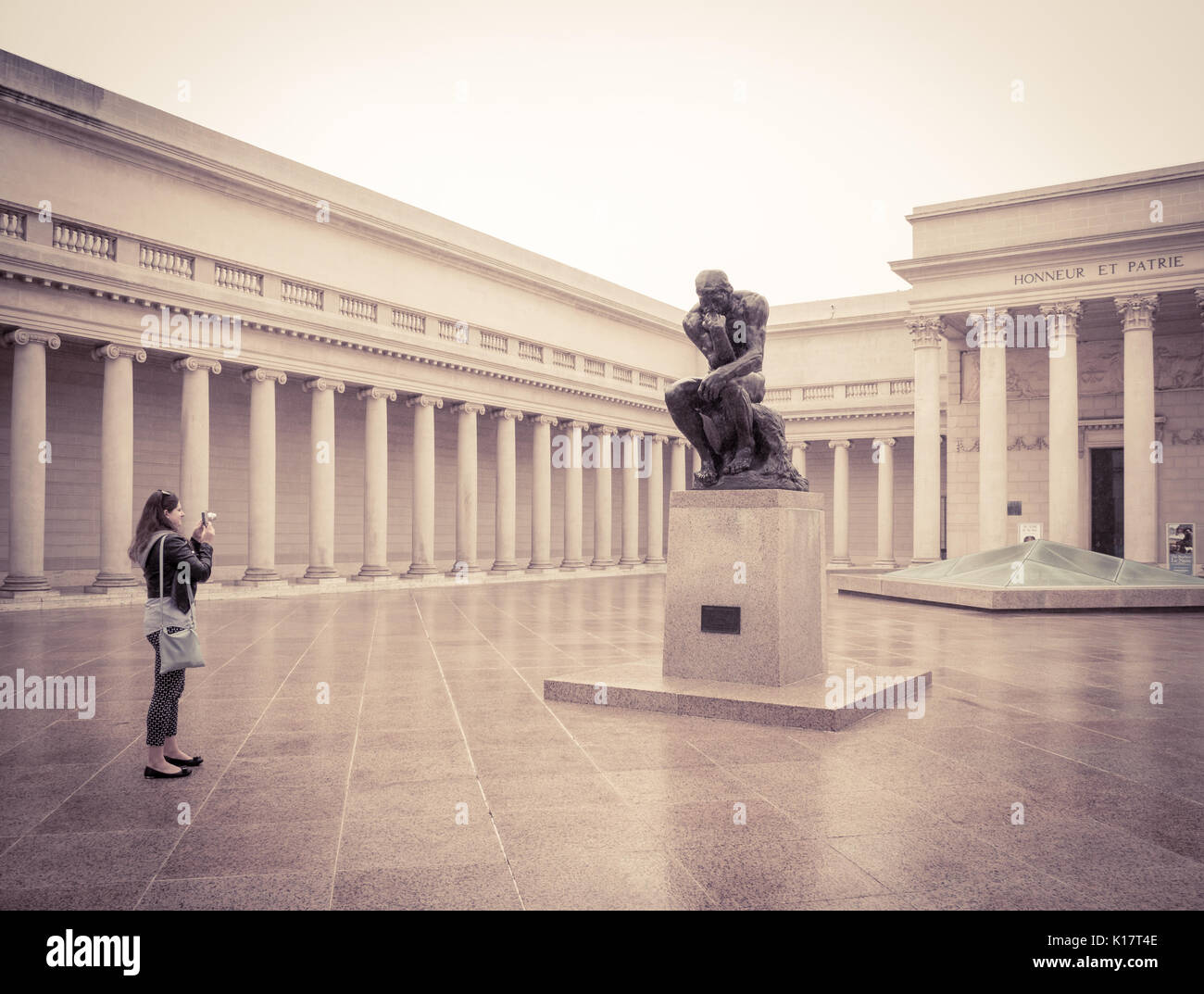 The Court of Honor, featuring a cast of the statue The Thinker, by Auguste Rodin at The Legion of Honor fine art museum in San Francisco. Stock Photo