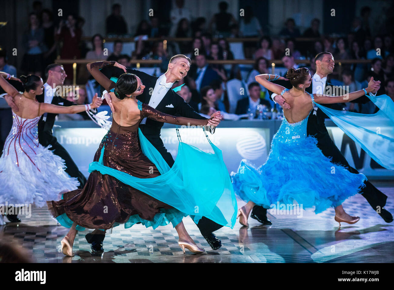 Moscow, Russia - Apr 26, 2015: Unidentified couples perform at the ballroom dance event at the 2015 Open European Professional Latin-American Champion Stock Photo