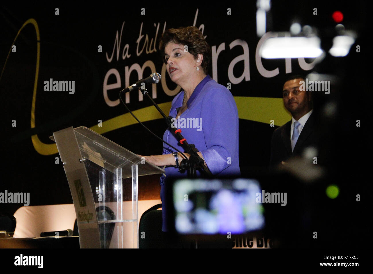 Former President Dilma Rousseff gives a speech at the Holiday Inn Hotel in Natal, northeastern of Brazil,  on Thursday 24, 2017. The event organized by the Teachers' Association of the Federal University of Rio Grande do Norte (ADURN), Sindpetro-RN and the Popular Brazil Front is part of the project 'On the Path to Democracy' and intends to propose a dialogue between the society and the politics. (Photo by Nuno Guimaraes / Pacific Press) Stock Photo