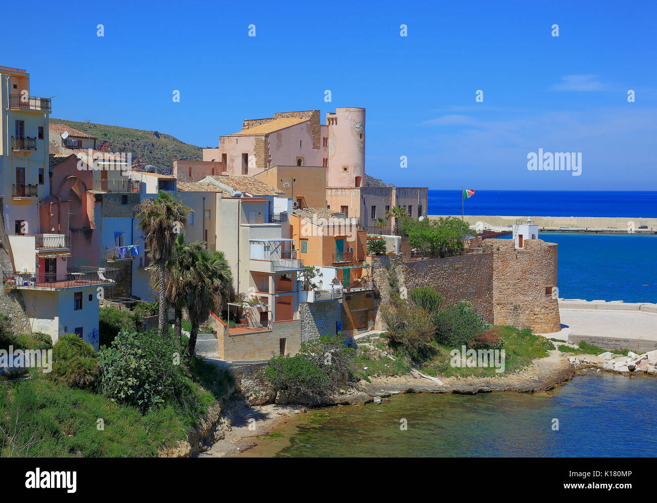 Sicily, Castellammare del Golfo, municipality in the province of Trapani, view of the castle from the 14th century by the sea Stock Photo