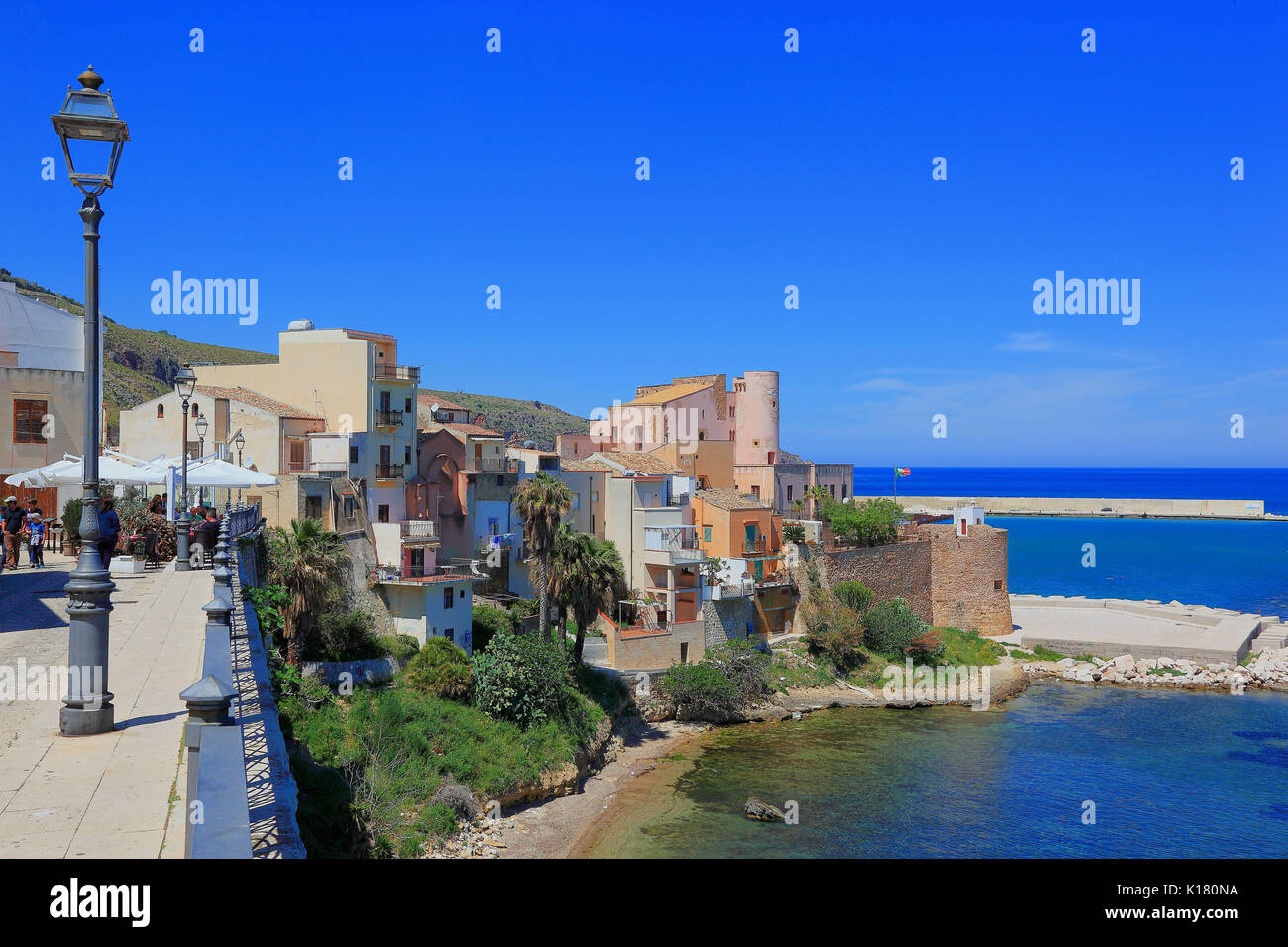 Sicily, Castellammare del Golfo, municipality in the province of Trapani, view of the castle from the 14th century by the sea Stock Photo