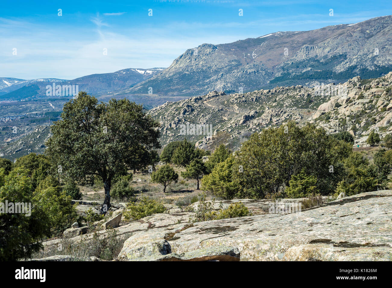 Views of Guadarrama Mountains from La Cabrera Range, in Madrid, Spain Stock Photo