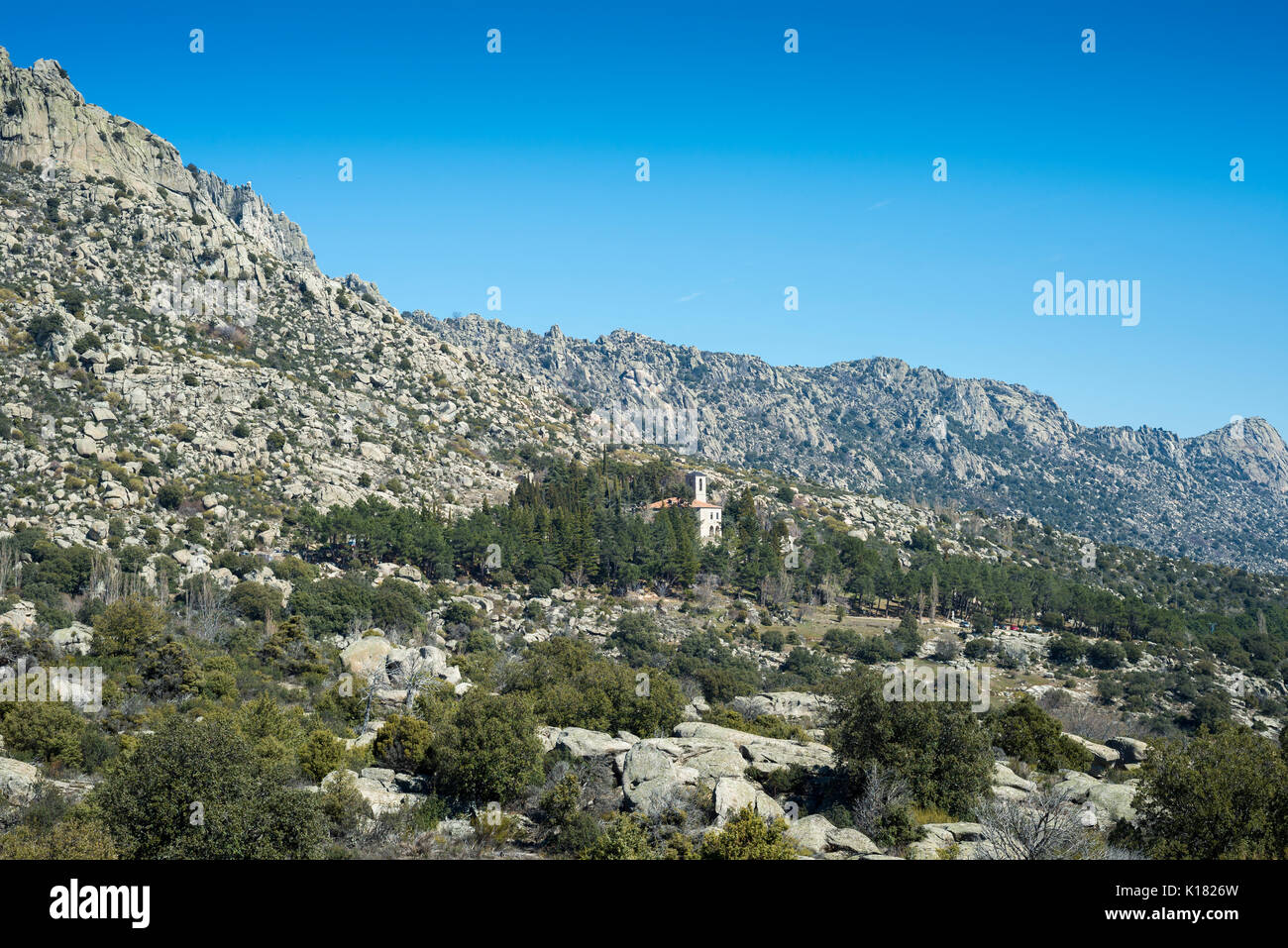 Views of La Cabrera Range, in Madrid, Spain. It can be seen the Convent of  San Antonio, and the Honey Peak (Pico de la Miel, in Spanish Stock Photo -  Alamy