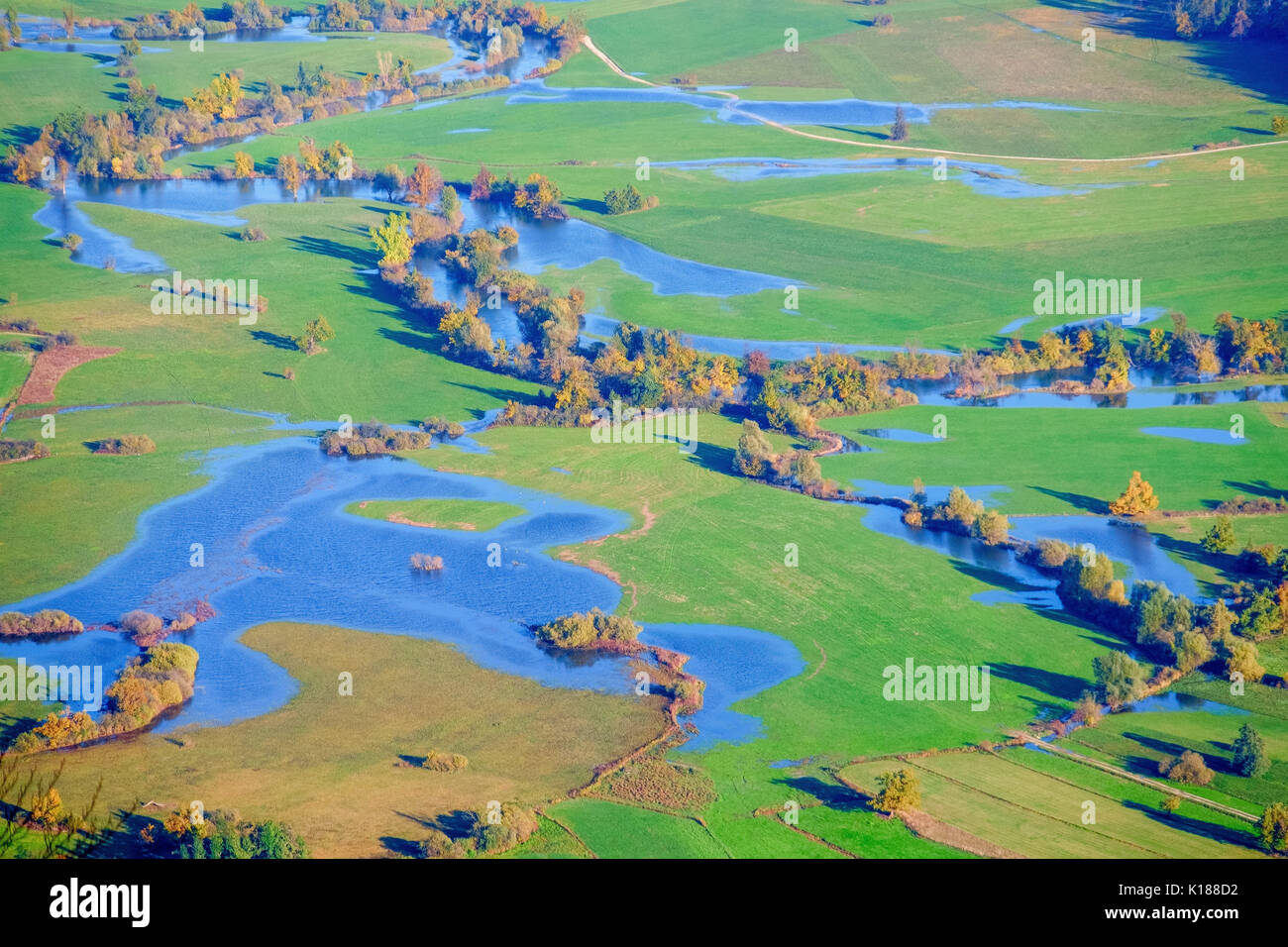 Planinsko polje is a typical karst field that is exposed to floods of the Unica river. Stock Photo