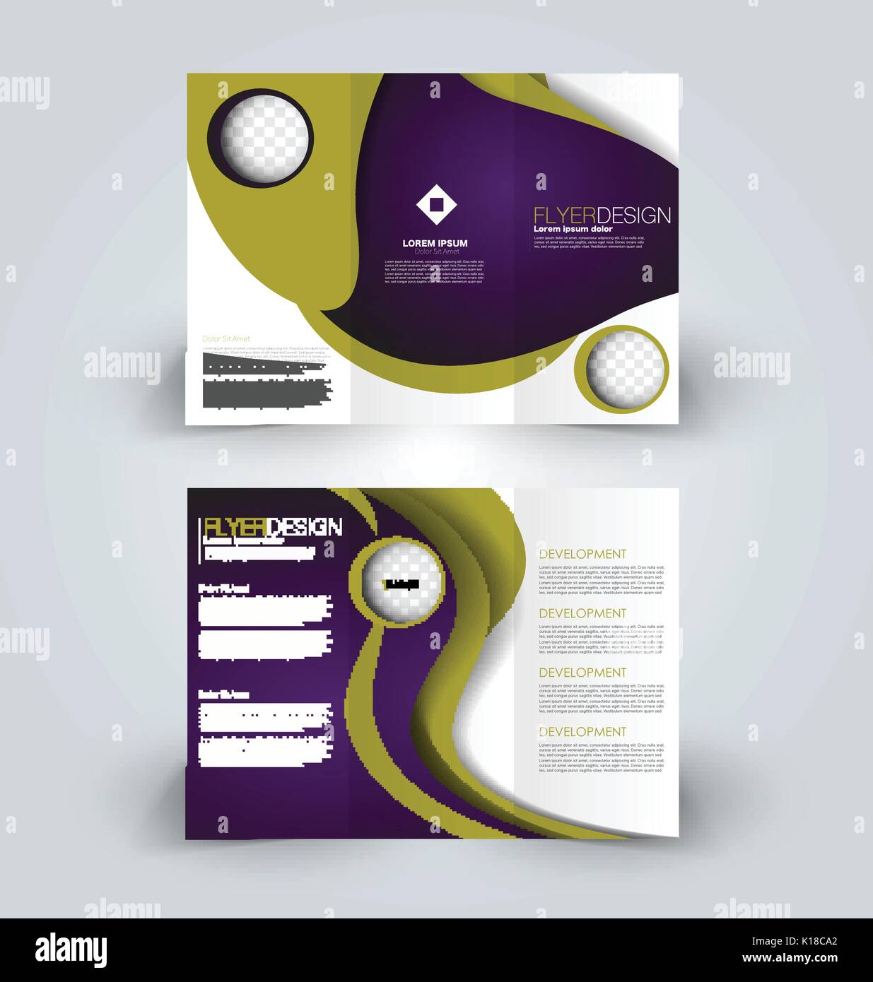 Brochure template. Business trifold flyer.  Creative design trend for professional corporate style. Vector illustration. Purple and green color. Stock Vector