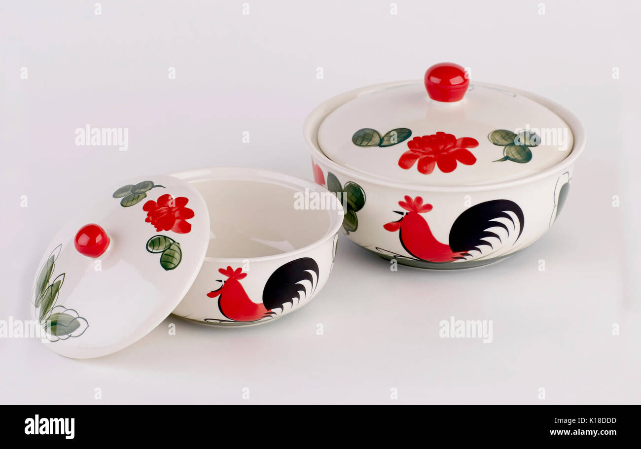 Hand painted ceramic bowls isolated on white background Stock Photo