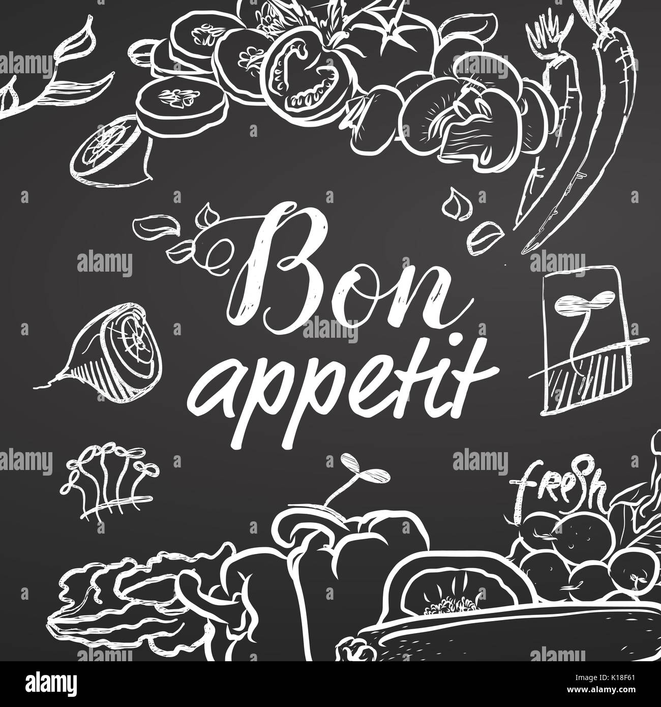 Bon Appetit Chalk Sketch on Blackboard, Black and white. Hand drawn illustration. Black and White, lettering Stock Vector
