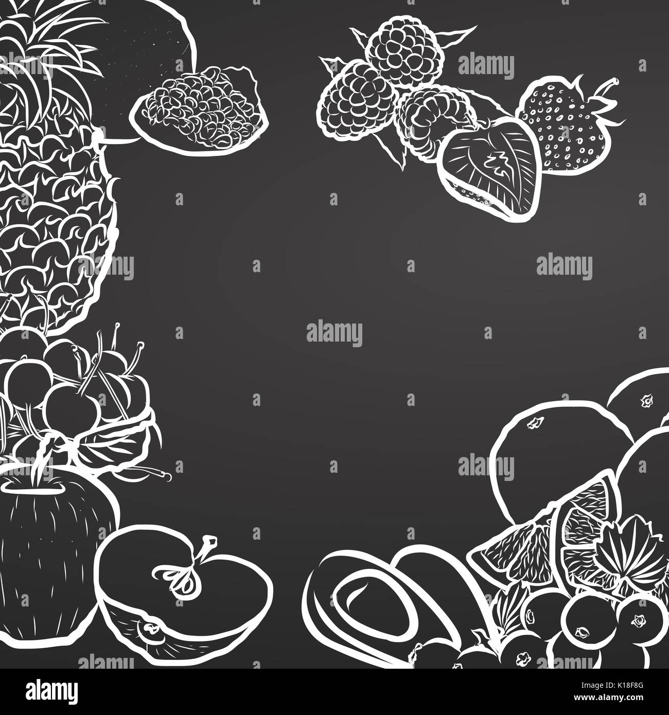 Healty Fruits, Chalk Drawing on Blackboard. Hand drawn fruit and