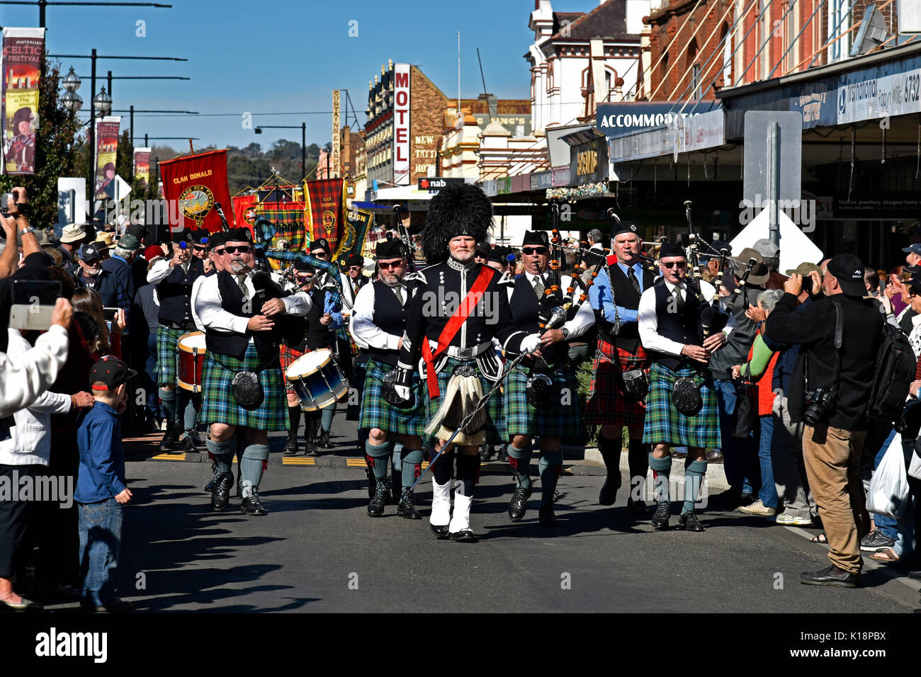 Pipe and drum bands performing at the Celtic festival and street parade