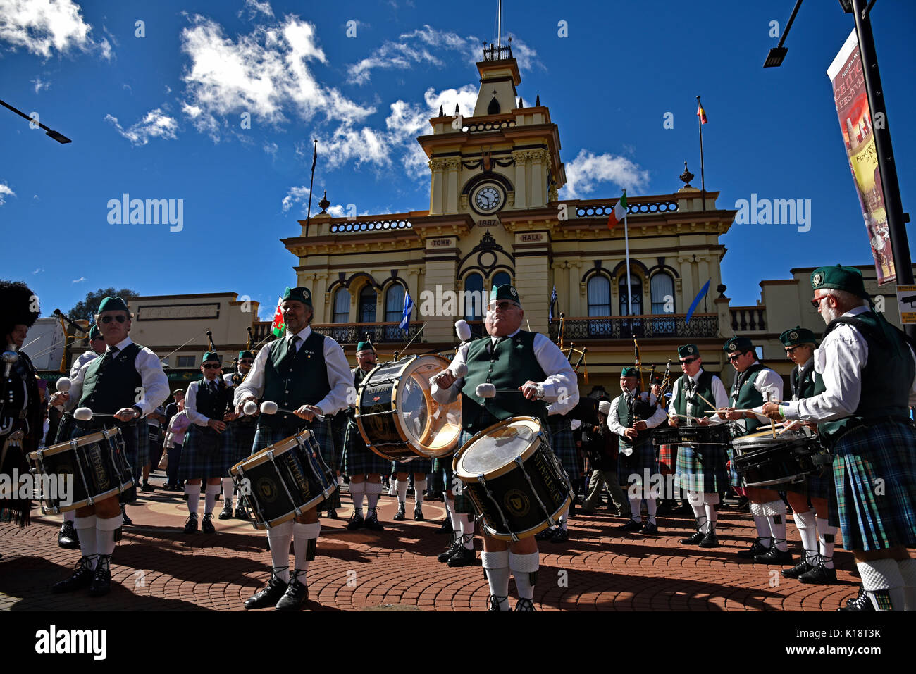 Pipe and drum bands performing at the Celtic festival and street parade