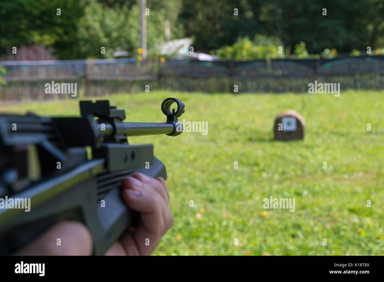 A man shoots a target from a pneumatic gun. A view from behind the ...