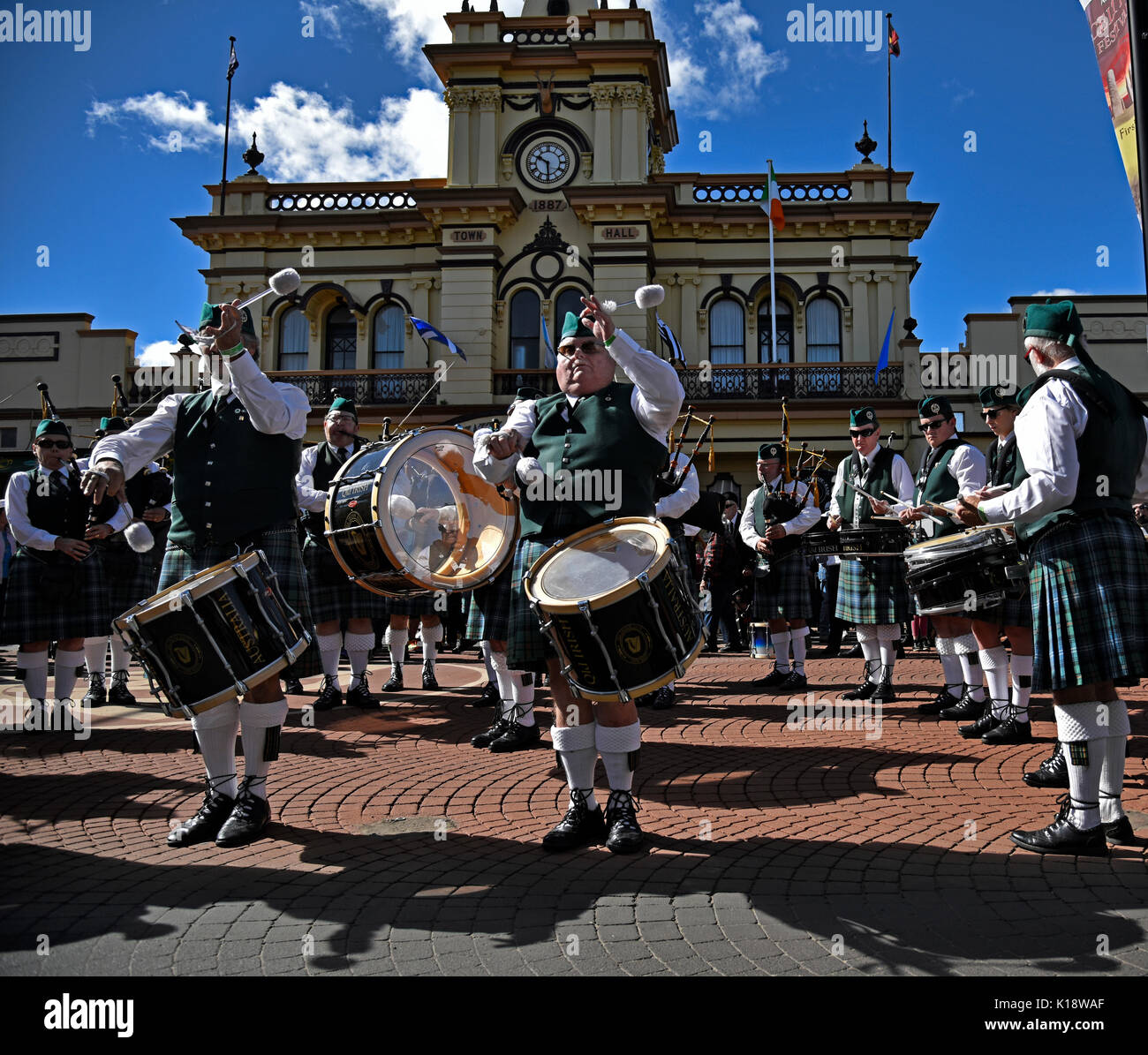 Pipe and drum bands performing at the Celtic festival and street parade