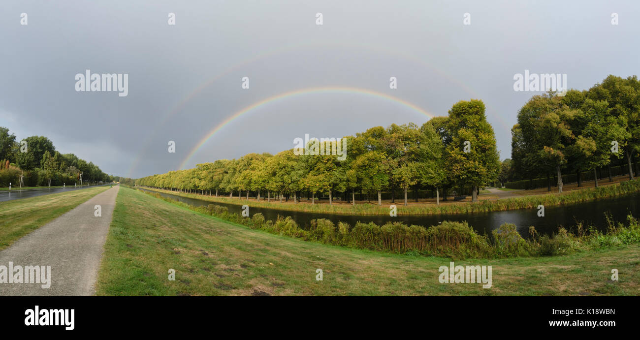 Rainbow above Großer Garten, Hanover, Germany Stock Photo