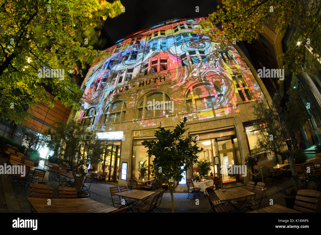Light projection on Haus Huth, Potsdamer Platz, Berlin, Germany Stock Photo