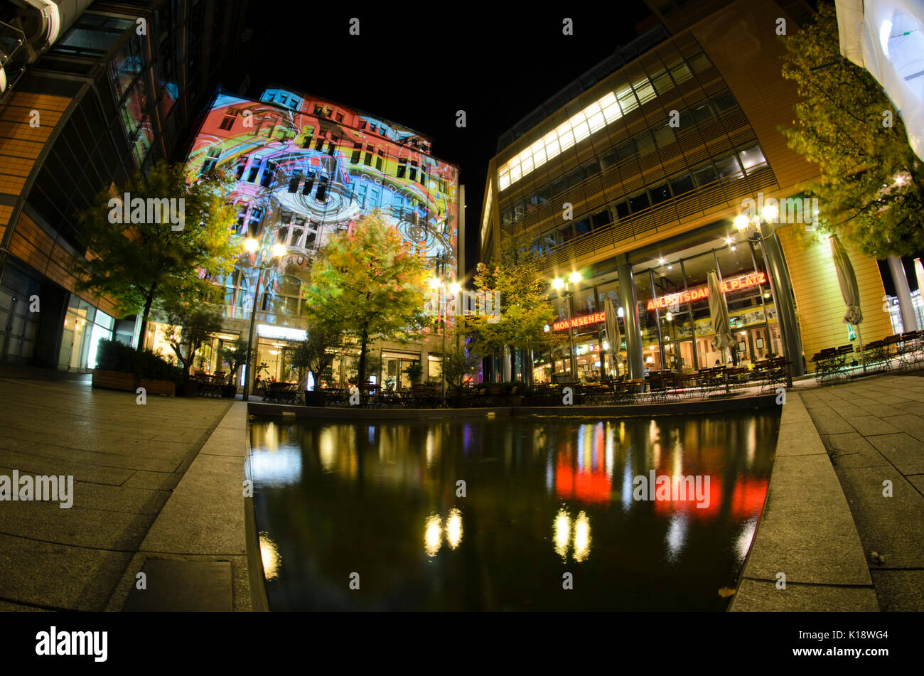 Light projection on Haus Huth, Potsdamer Platz, Berlin, Germany Stock Photo