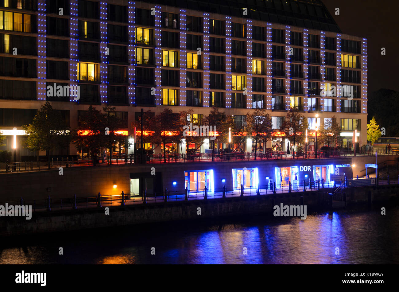 Light projection at Spree river, Germany Stock Photo