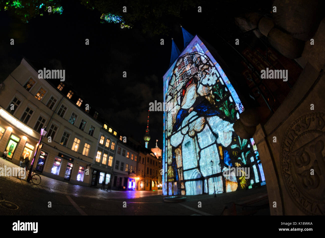 Light projection on Nikolaikirche, Berlin, Germany Stock Photo