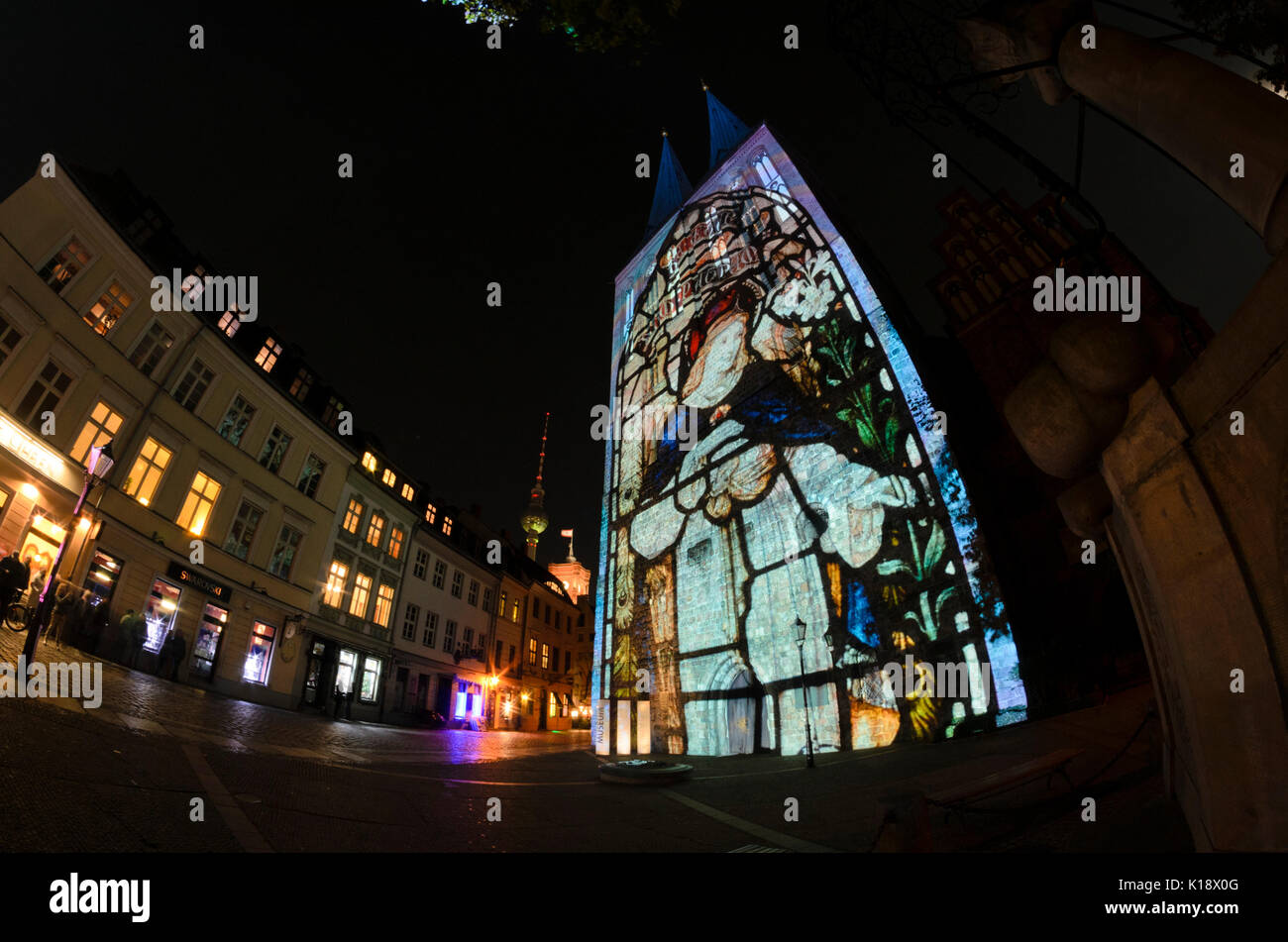 Light projection on Nikolaikirche, Berlin, Germany Stock Photo