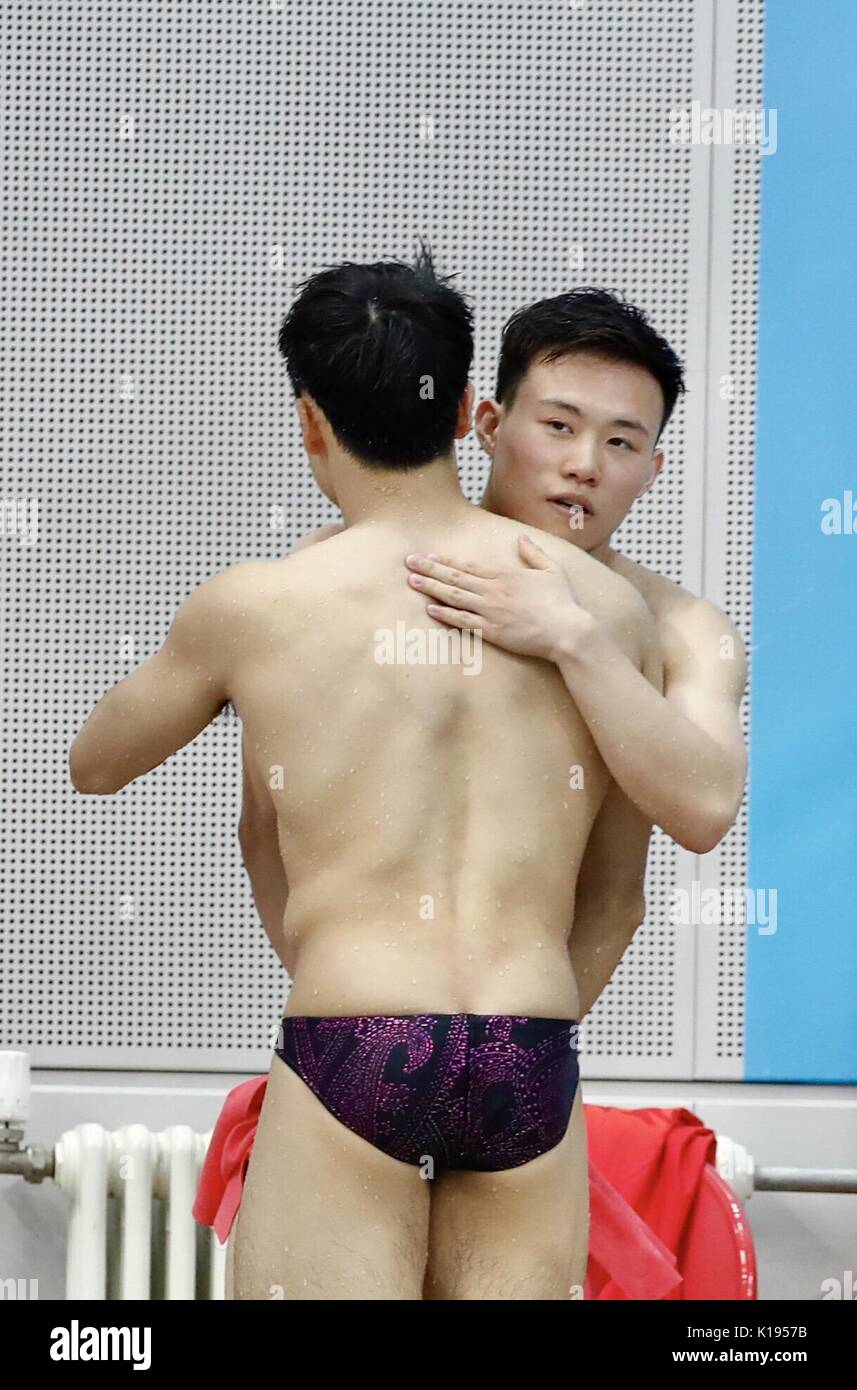 Tianjin 25th Aug 2017 Xie Siyi Back Of Guangdong Recieves Congratulations From Cao Yuan Of Beijing After The Men S 3m Springboard Final Of Diving At The 13th Chinese National Games In North