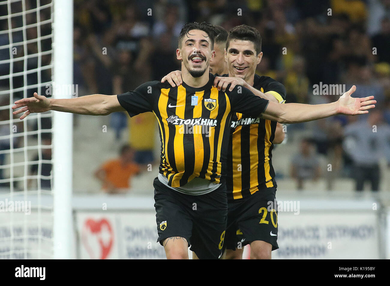 Athens, Greece. 24th Aug, 2017. Andre Simoes celebrates after scoring goal  during the UEFA Europa league play-off second leg soccer match between Club  Brugge and AEK Athens at the Olympic stadium. Final