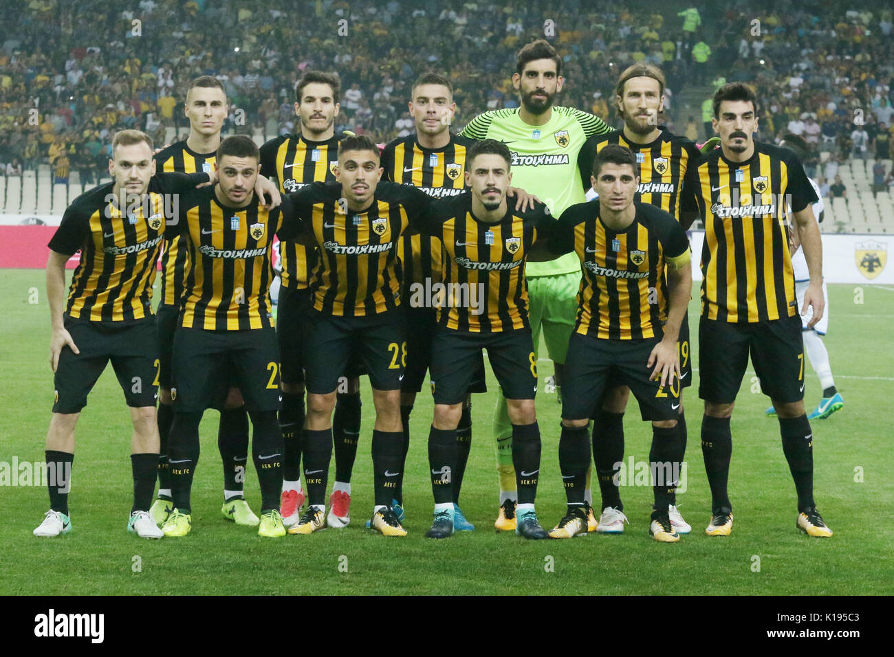 Athens, Greece. 24th Aug, 2017. AEK Athens team are seen during a group  photo before the match at the UEFA Europa league play-off second leg soccer  match between Club Brugge and AEK