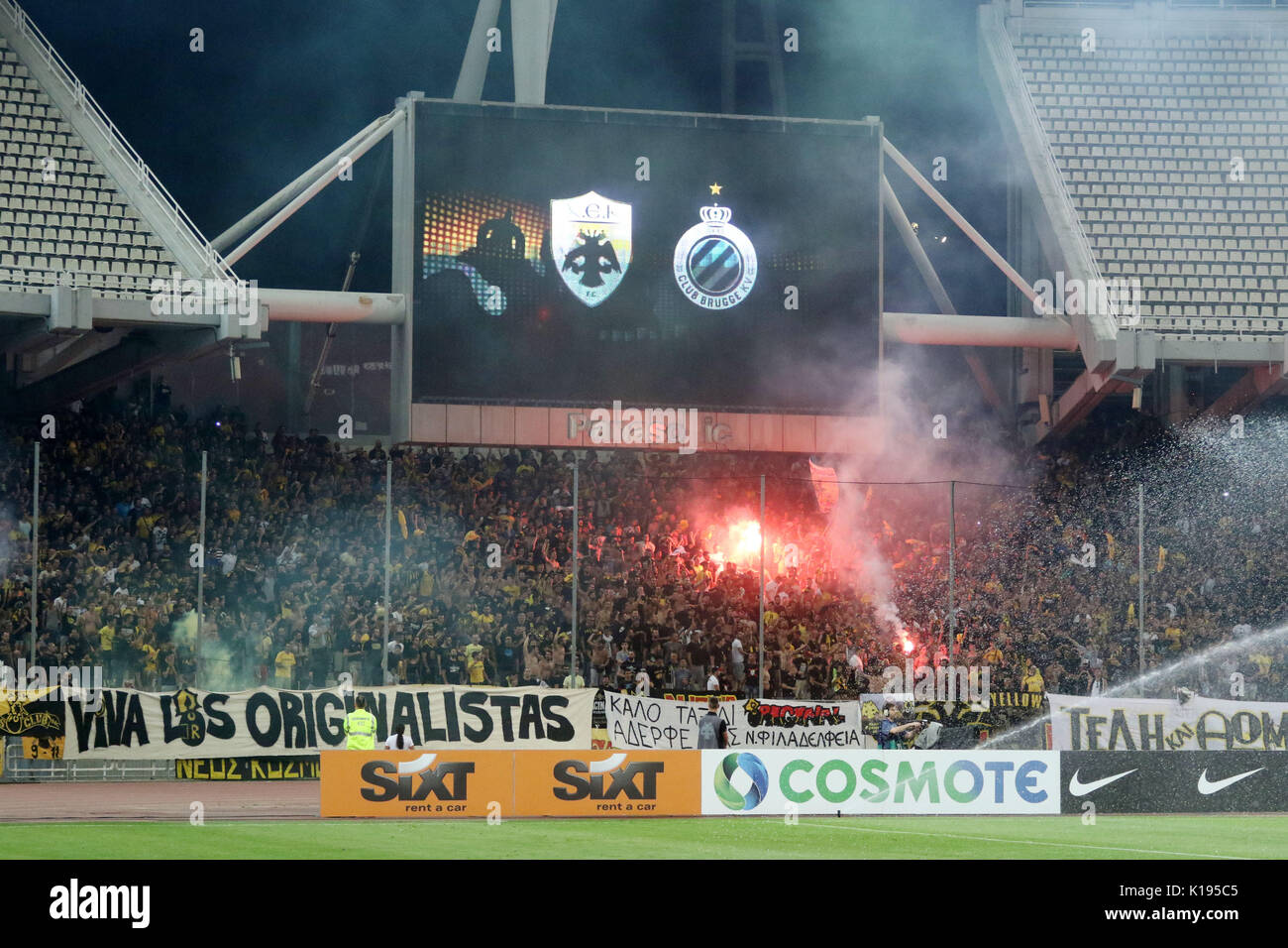 Athens, Greece. 24th Aug, 2017. AEK Athens fans are seen during the UEFA  Europa league play-off second leg soccer match between Club Brugge and AEK  at the Olympic stadium. Final score AEK
