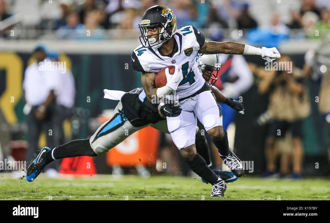August 24, 2017 Jacksonville Jaguars wide receiver Justin Blackmon (14) escapes Carolina
