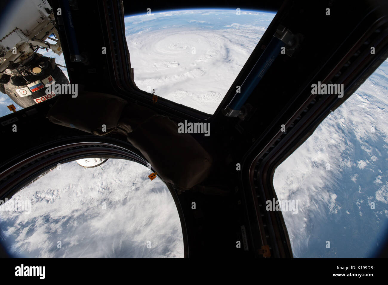 View of massive Hurricane Harvey from the Cupola of the International Space Station as the storm approaches the coast of Texas August 25, 2017. Hurricane Harvey is now a category 4 storm expected to hit the Texas coast causing major damage and flooding. Stock Photo