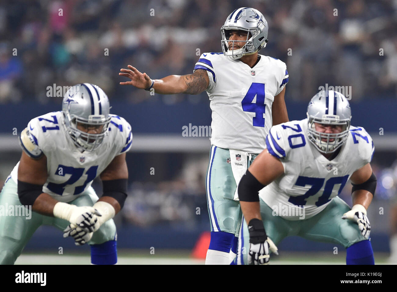 August 26, 2017: Dallas Cowboys quarterback Dak Prescott (4) warms up prior  to an NFL pre-season game between the Oakland Raiders and the Dallas  Cowboys at AT&T Stadium in Arlington, Texas. Shane