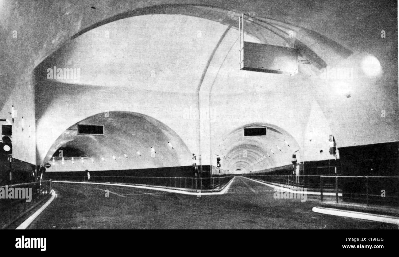 1934 - Photograph of the junction chamber at the Birkenhead end of the newly constructed Queensway or Birkenhead Tunnel (Mersey Tunnel), Liverpool, UK -opened by King George V Stock Photo