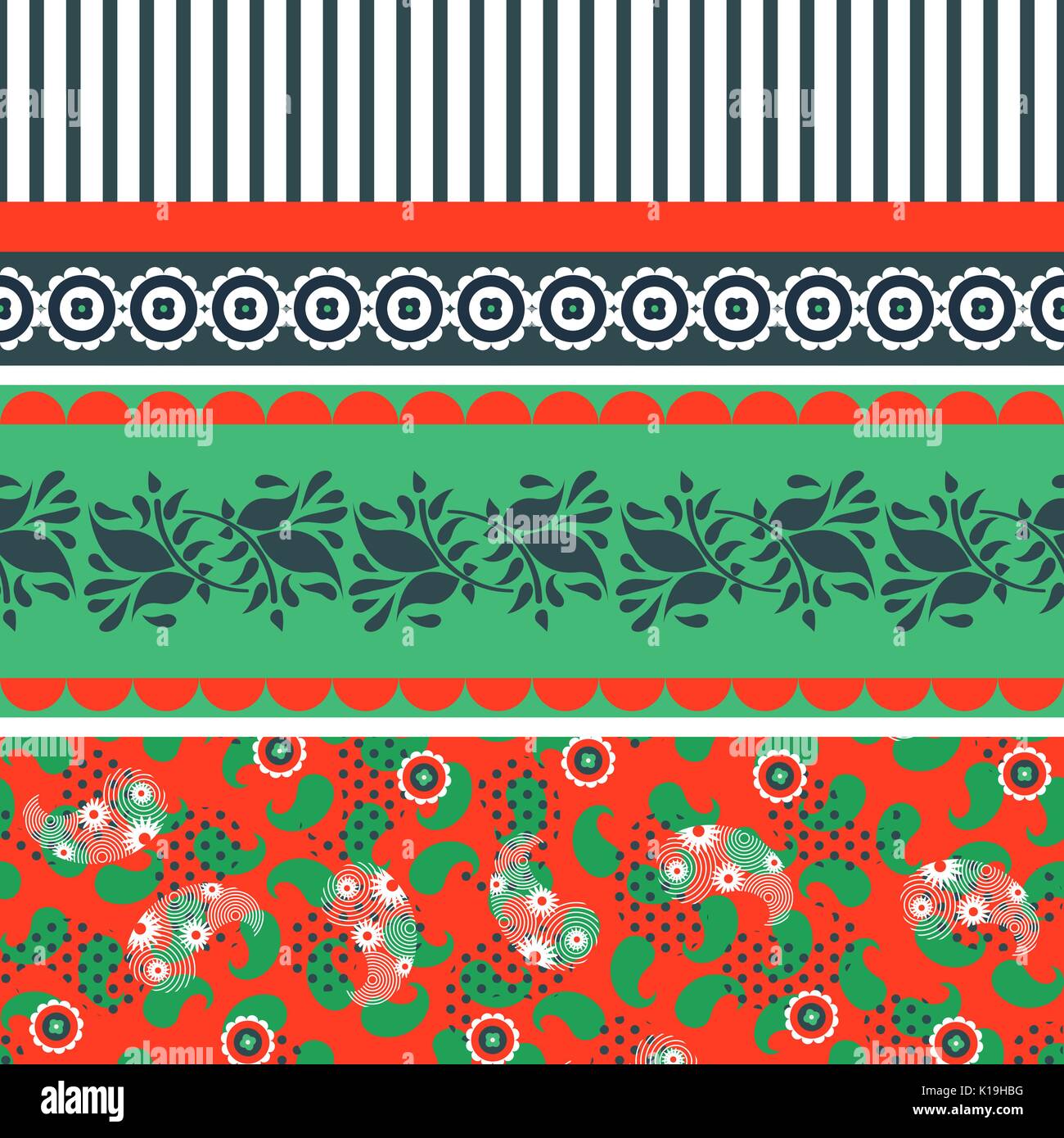 Folk floral red and green seamless vector pattern. Stock Vector
