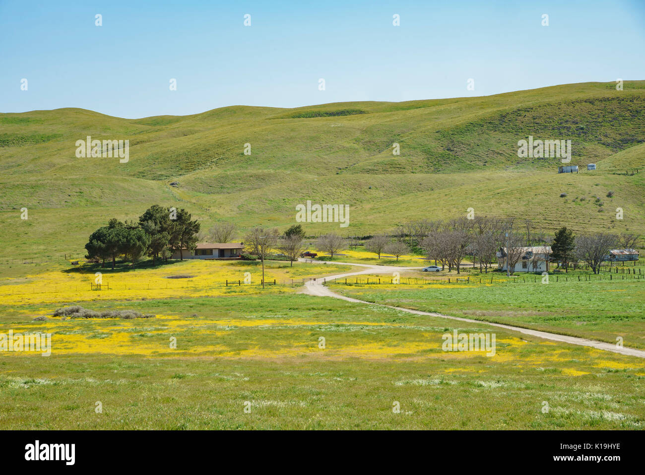 House with goldfields and mountain at Carrizo Plain National Monument Stock Photo