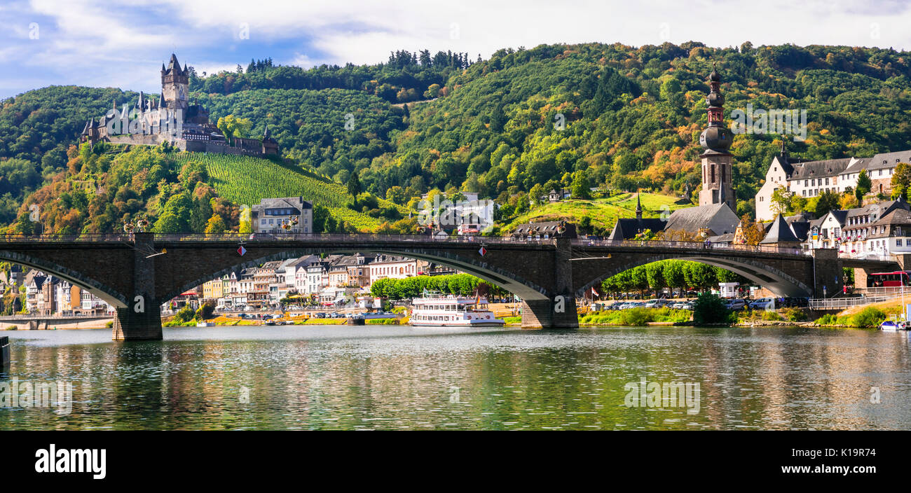 Travel in Germany, Picturesque medieval  Cochem town, cruises over Rhine river Stock Photo