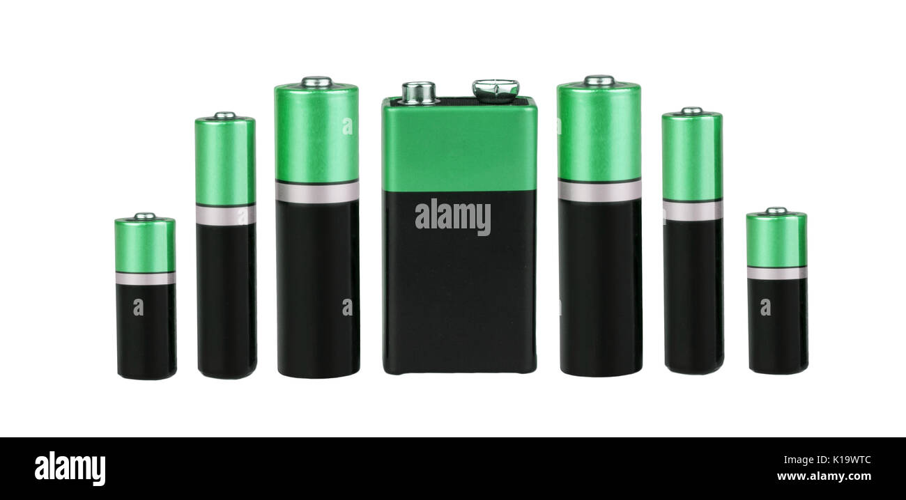 Seven different green batteries in a single row, type AAA, type AA