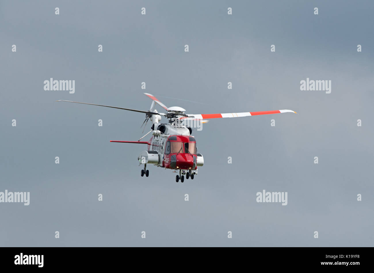 S92A UK Coastguard Sikorsky Helicopter on Execise off the Morayshire coast in Scotland. Stock Photo