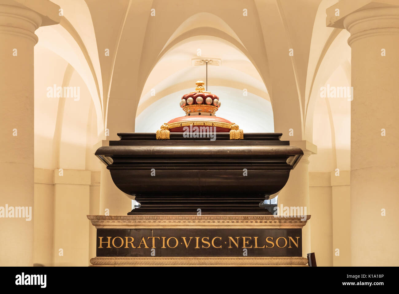 Lord Nelson's Tomb, black marble sarcophagus holding coffin of Admiral Lord Nelson, Horatio Viscount Nelson, Crypt of St Paul's Cathedral, London UK Stock Photo