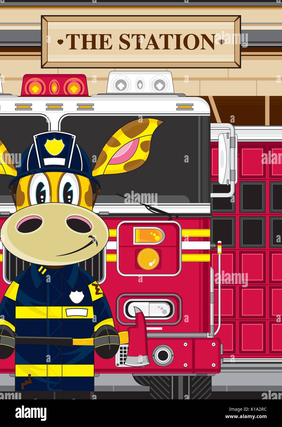 Cartoon Giraffe Fireman - Firefighter and Fire Engine Vector Illustration Stock Vector