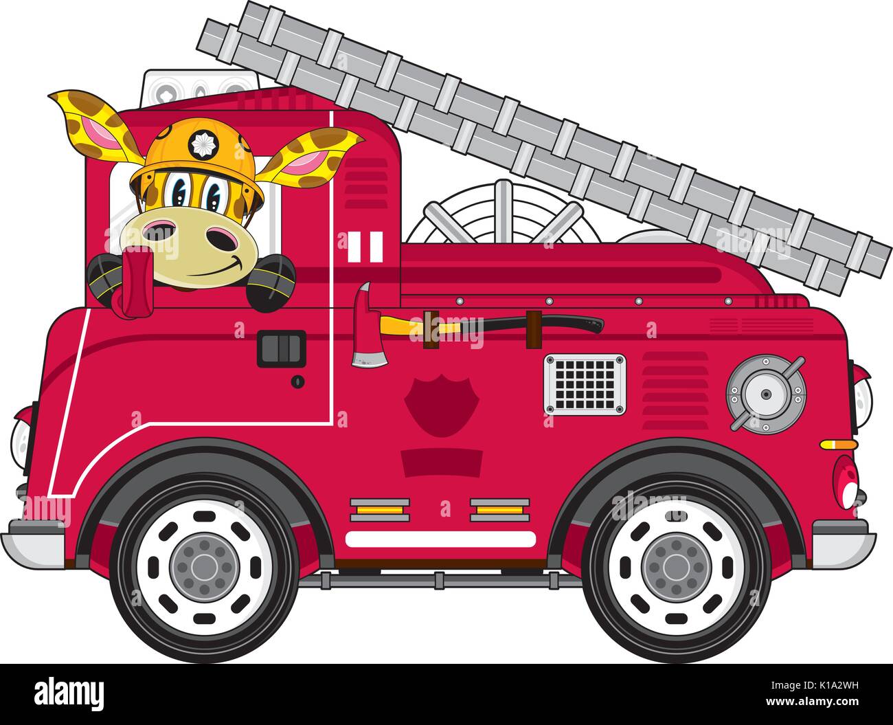 Cartoon Giraffe Fireman - Firefighter and Fire Engine Vector Illustration Stock Vector