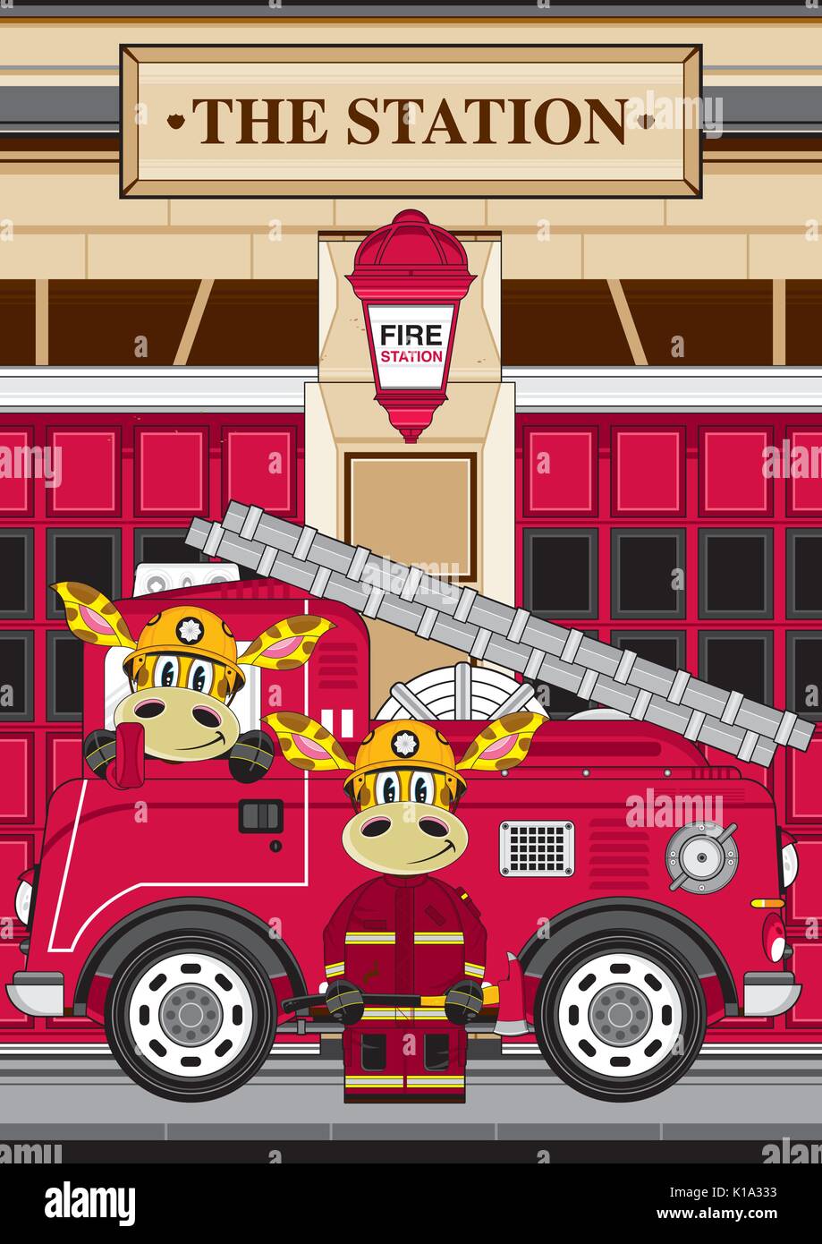 Cartoon Giraffe Fireman - Firefighter and Fire Engine Vector Illustration Stock Vector