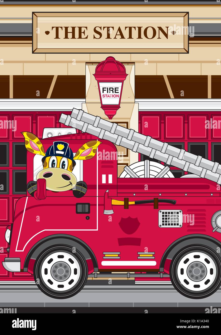 Cartoon Giraffe Fireman - Firefighter and Fire Engine Vector Illustration Stock Vector