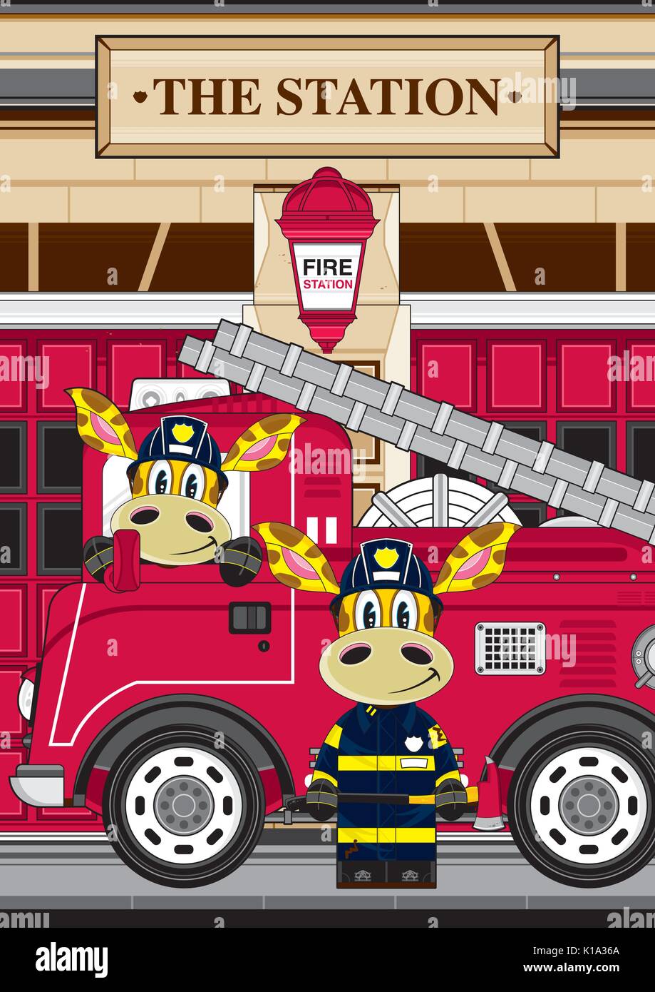 Cartoon Giraffe Fireman - Firefighter and Fire Engine Vector Illustration Stock Vector