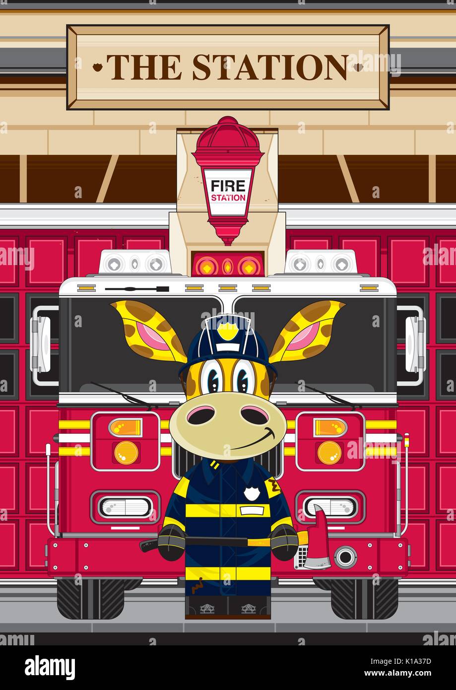 Cartoon Giraffe Fireman - Firefighter and Fire Engine Vector Illustration Stock Vector