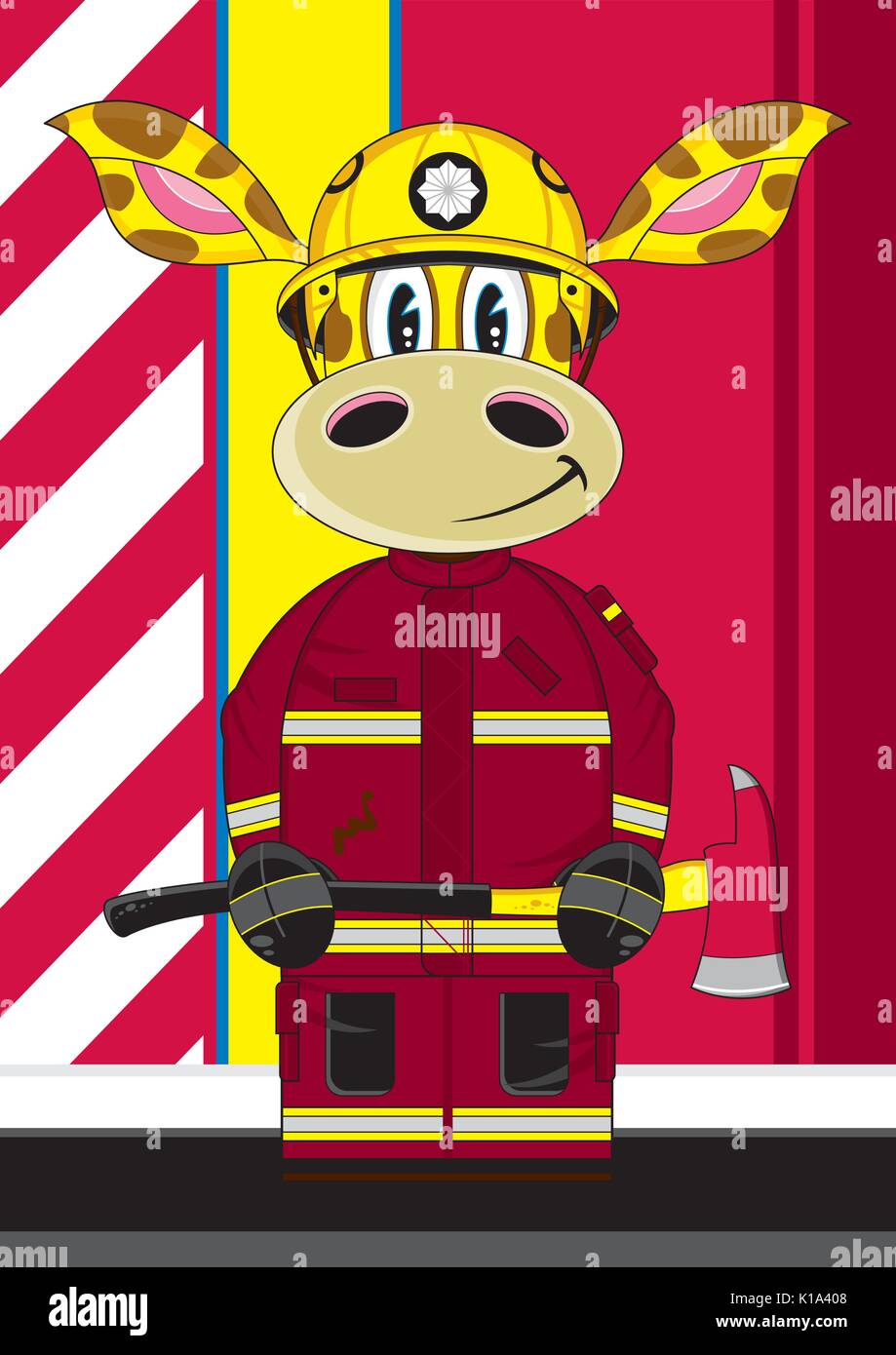 Cute Cartoon Giraffe Fireman - Firefighter Vector Illustration Stock ...