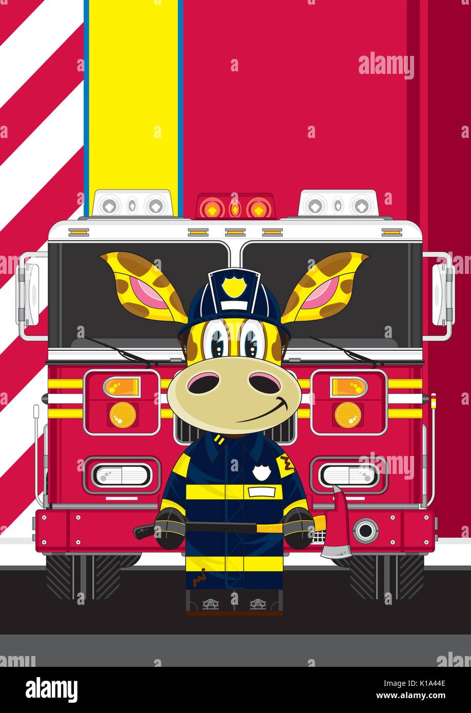 Cartoon Giraffe Fireman - Firefighter and Fire Engine Vector Illustration Stock Vector