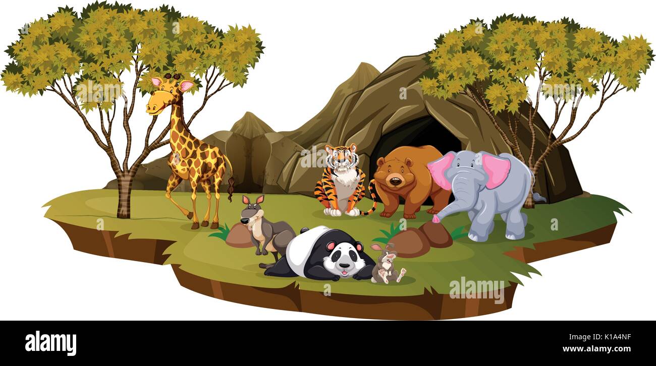 Mountain scene with many animals illustration Stock Vector