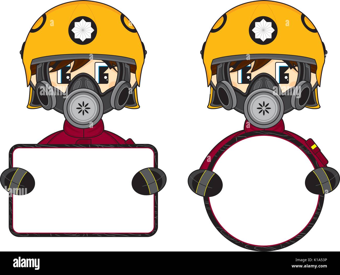 Cute Cartoon Fireman - Firefighter with Sign Vector Illustration Stock ...