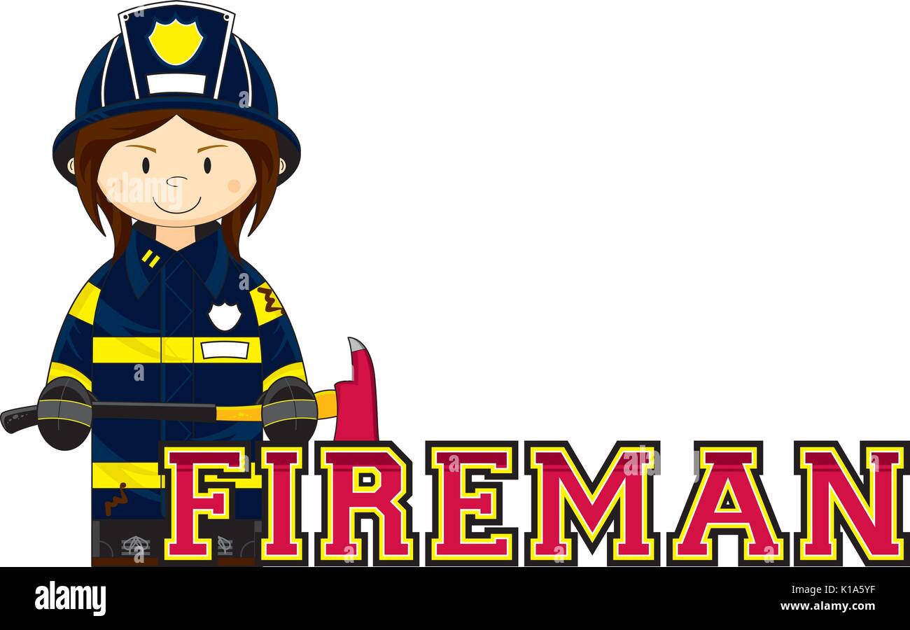 Cute Cartoon Fireman - Firefighter with Axe Vector Illustration Stock ...